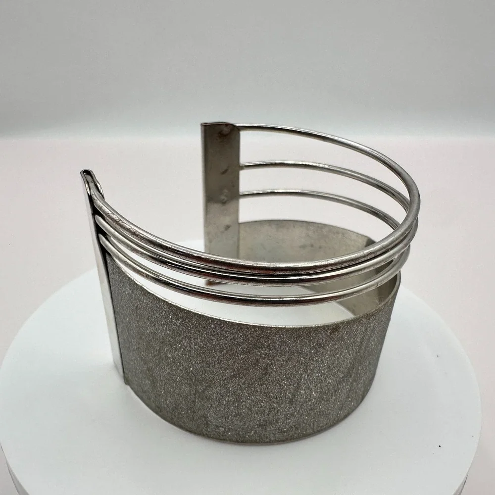 Vintage 90s Silver Tone Textured Glitter Wide Cuff Bracelet Statement